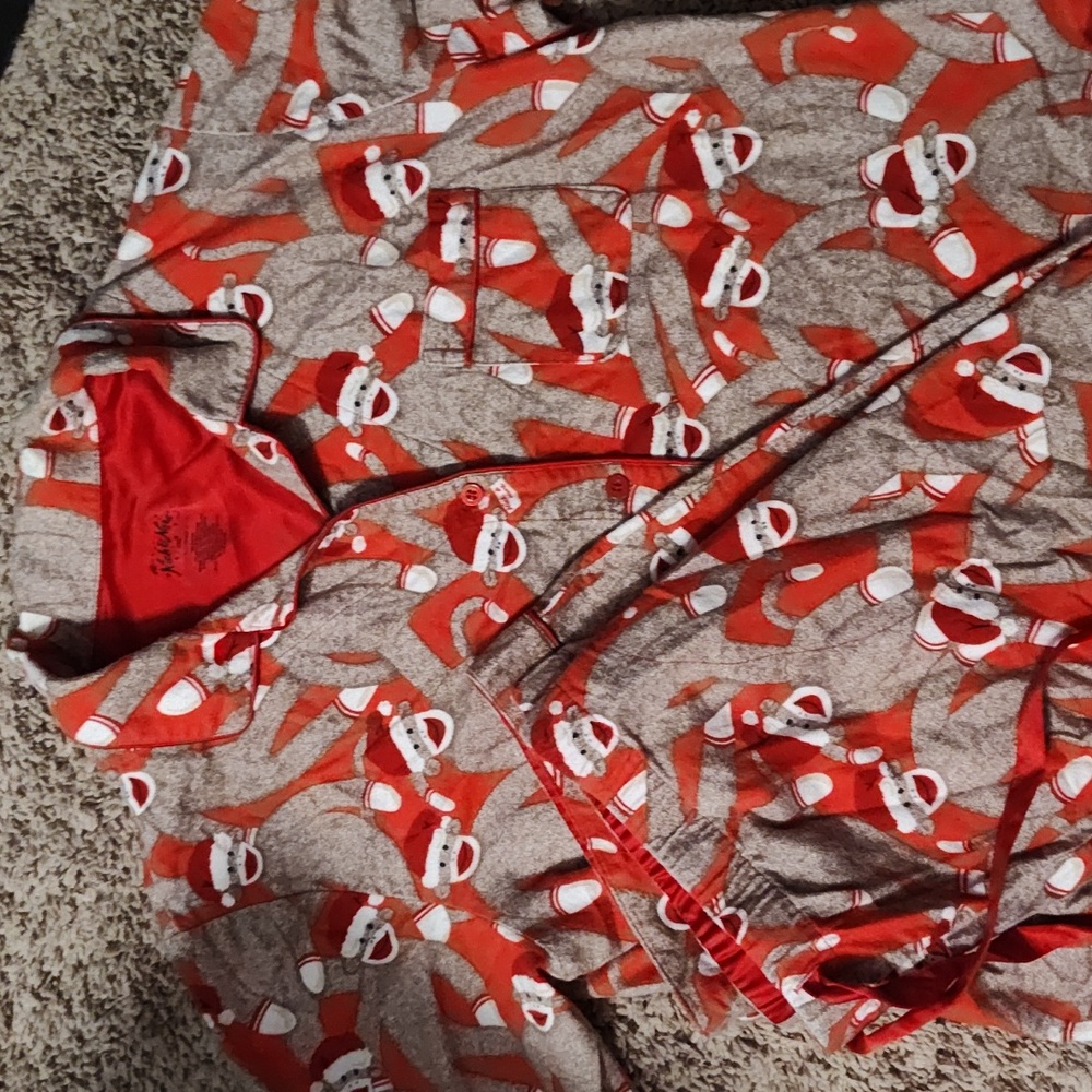 Nick & Nora Sock Monkey Santa Hats Flannel Pajama Set Size 2XL Christmas